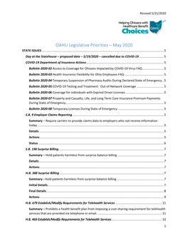 OAHU Legislative Priorities – May 2020 STATE ISSUES