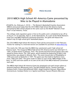 2010 WBCA High School All-America Game Presented by Nike to Be Played in Alamodome