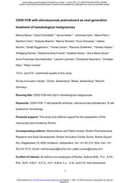 CD20-TCB with Obinutuzumab Pretreatment As Next Generation Treatment of Hematological Malignancies