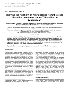 Verifying the Reliability of Hybrid Issued from the Cross “Picholine Marocaine Clones X Picholine Du Languedoc”