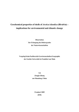 Geochemical Properties of Shells of Arctica Islandica (Bivalvia) – Implications for Environmental and Climatic Change