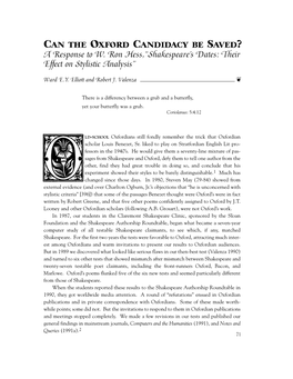 A Response to W. Ron Hess,“Shakespeare’S Dates: Their Effect on Stylistic Analysis”