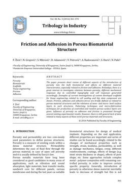 Tribology in Industry Friction and Adhesion in Porous Biomaterial