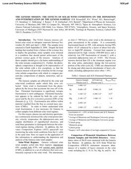 The Genesis Mission: the Effects of Solar Wind Conditions on the Deposition and Interpretation of the Genesis Samples D.B