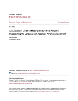 An Analysis of Modified Material Culture from Amache: Investigating the Landscape of Japanese American Internment