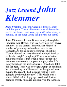 Jazz Legend John Klemmer John Beaudin - Hi John Welcome