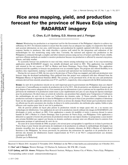 Rice Area Mapping, Yield, and Production Forecast for the Province of Nueva Ecija Using RADARSAT Imagery