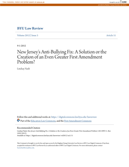 New Jersey's Anti-Bullying Fix: a Solution Or the Creation of an Even Greater First Amendment Problem? Lindsay Nash