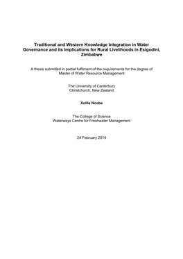 Traditional and Western Knowledge Integration in Water Governance and Its Implications for Rural Livelihoods in Esigodini, Zimbabwe