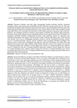Tingkat Kepuasan Konsumen Terhadap Pelayanan Resep Di Apotek Kimia Farma 286 Padang Asri