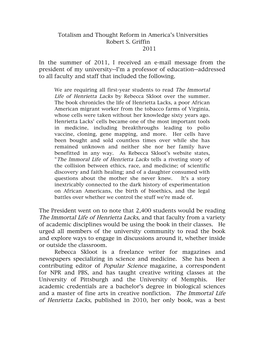 Totalism and Thought Reform in America's Universities Robert S. Griffin 2011 in the Summer of 2011, I Received an E-Mail Message