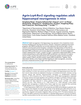 Agrin-Lrp4-Ror2 Signaling Regulates Adult Hippocampal Neurogenesis In