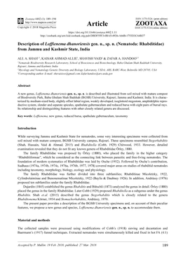 Description of Loffienema Dhanoriensis Gen. N., Sp. N. (Nematoda: Rhabditidae) from Jammu and Kashmir State, India