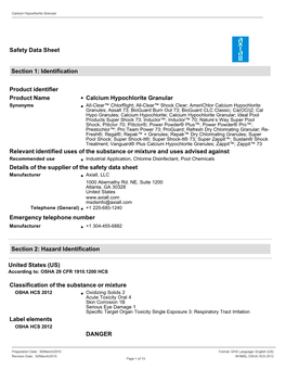 Calcium Hypochlorite Granular Safety Data Sheet