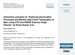 Exploring Geomorphic Processes and Martian Gale Crater Topography on Mars Using CTX and Hirise Express Image Dataset” by Pavan Kumar Et Al