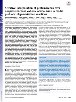 Selective Incorporation of Proteinaceous Over Nonproteinaceous Cationic Amino Acids in Model Prebiotic Oligomerization Reactions