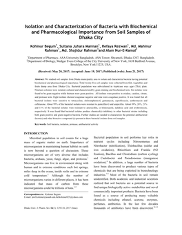 Isolation and Characterization of Bacteria with Biochemical and Pharmacological Importance from Soil Samples of Dhaka City