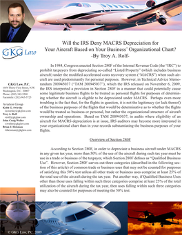 Will the IRS Deny MACRS Depreciation for Your Aircraft Based on Your Business’ Organizational Chart? -By Troy A