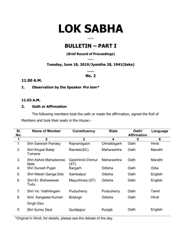 Lok Sabha ___ Bulletin – Part I