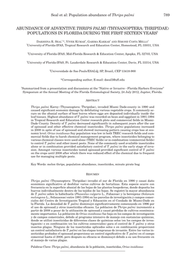 Abundance of Adventive Thrips Palmi (Thysanoptera: Thripidae) Populations in Florida During the First Sixteen Years§