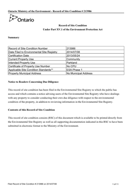 Ontario Ministry of the Environment - Record of Site Condition # 213986