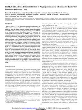 BRAK/CXCL14 Is a Potent Inhibitor of Angiogenesis and a Chemotactic Factor for Immature Dendritic Cells