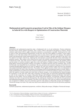 Mathematical and Geometric Proportions Used in Tiles of the Isfahan Mosques in Safavid Era with Respect to Optimization of Construction Materials