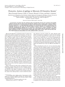 Protective Action of Ppgpp in Microcin J25-Sensitive Strainsᰔ Marı´A Fernanda Pomares,† Paula A