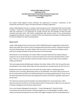 Lockyer Valley Regional Council Submission to the Australian Government Productivity Commission Inquiry Into Natural Disaster Funding Arrangements 6 June 2014