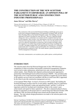 The Construction of the New Scottish Parliament in Edinburgh: an Opinion Poll of the Scottish Public and Construction Industry Professionals