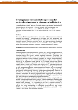 Heterogeneous Batch Distillation Processes for Waste Solvent Recovery in Pharmaceutical Industry