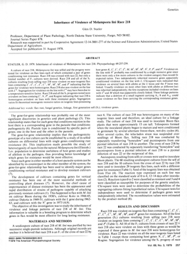 Inheritance of Virulence of Melampsora Lini Race 218