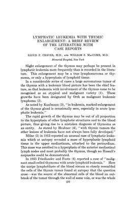 Lymphatic Leukemia with Thymic Enlargement: a Brief Review of the Literature .With Case Reports