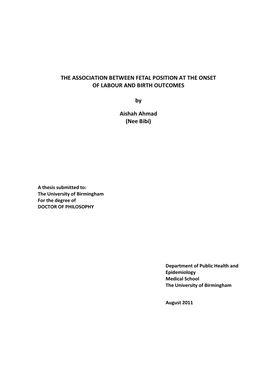 The Association Between Fetal Position at the Onset of Labour and Birth Outcomes