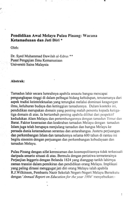 Pendidikan Awal Melayu Pulau Pinang: Wacana Ketamadunan Dan J Ati Diri *