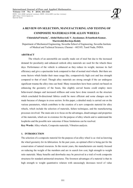 A REVIEW on SELECTION, MANUFACTURING and TESTING of COMPOSITE MATERIALS for ALLOY WHEELS Chintalasaivirinchy*, Abdul Hafeezasif, V