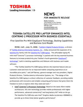 Toshiba Satellite Pro Laptop Enhances Intel Centrino 2 Processor with Business Essentials