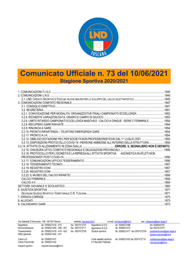 Comunicato Ufficiale N. 73 Del 10/06/2021