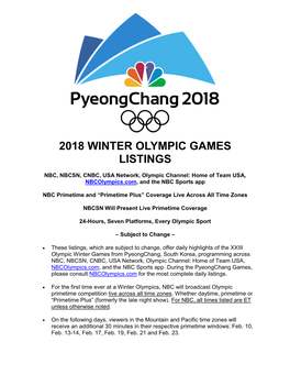 2018 Winter Olympic Games Listings