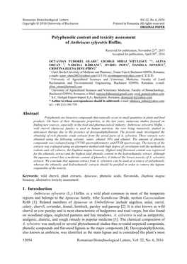 Polyphenolic Content and Toxicity Assessment of Anthriscus Sylyestris Hoffm