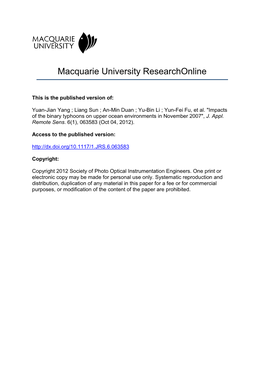 Impacts of the Binary Typhoons on Upper Ocean Environments in November 2007", J