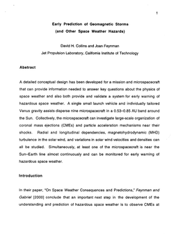 Early Prediction of Geomagnetic Storms (And Other Space Weather Hazards) Abstract Introduction