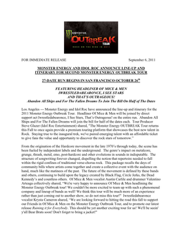 FOR IMMEDIATE RELEASE September 6, 2011 MONSTER