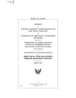 Hearing National Defense Authorization Act for Fiscal Year 2019 Oversight of Previously Authorized Programs Committee on Armed S