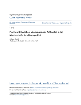 Matchmaking As Authorship in the Nineteenth-Century Marriage Plot