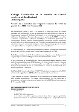 Collège D'autorisation Et De Contrôle D’Exercer Une Mission De Contrôle À L’Égard Des Aspects Financiers Du Fonctionnement De La RTBF