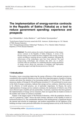 The Implementation of Energy-Service Contracts in the Republic of Sakha (Yakutia) As a Tool to Reduce Government Spending: Experience and Prospects