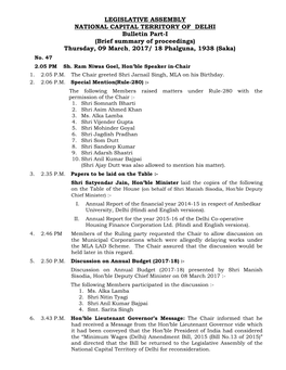 LEGISLATIVE ASSEMBLY NATIONAL CAPITAL TERRITORY of DELHI Bulletin Part-I (Brief Summary of Proceedings) Thursday, 09 March , 2017/ 18 Phalguna, 1938 (Saka)