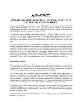 Almonty Industries to Improve Concentrate Output at Panasqueira Mine in Portugal