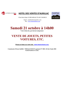 Samedi 21 Octobre À 14H00 Vente À Huis-Clos, Par Internet Uniquement